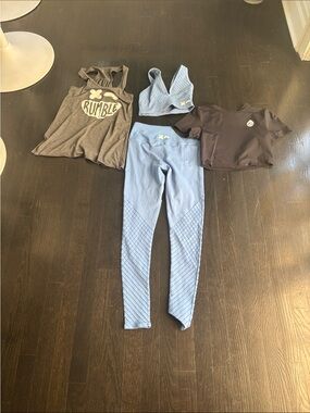 Women's Athletic Set - Blue Leggings & Bra with Gray Tank and Black Crop